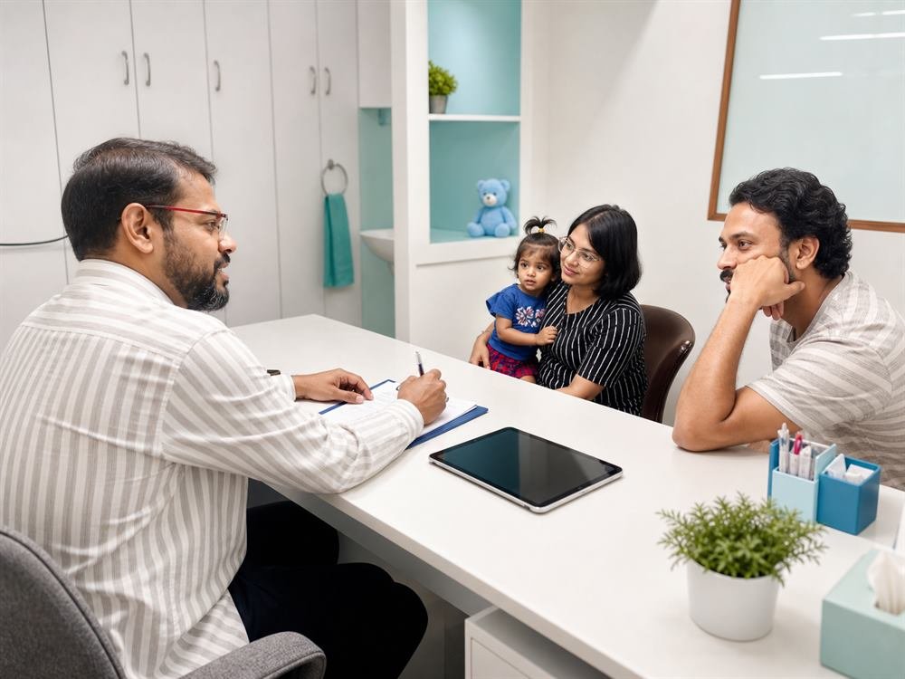 Dr. Ninad Mahale guiding a family during a pediatric consultation in Pune