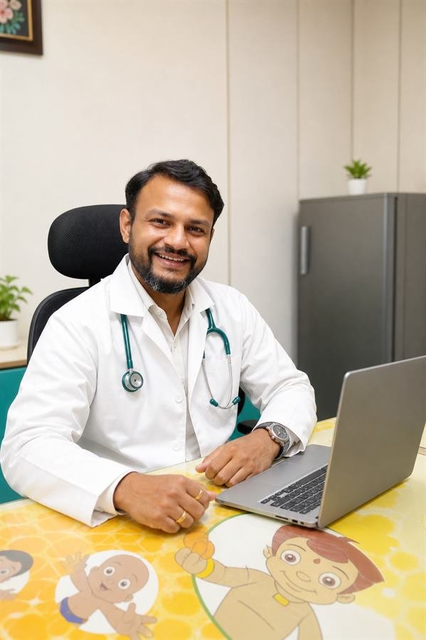 Dr. Ninad Mahale seated in a pediatric consultation room